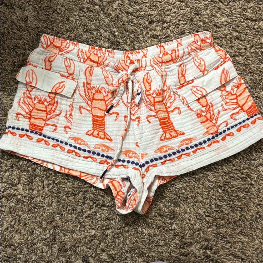 Anthropologie Orange Lobster Print Cotton Cargo Shorts Size Small Coastal Preppy